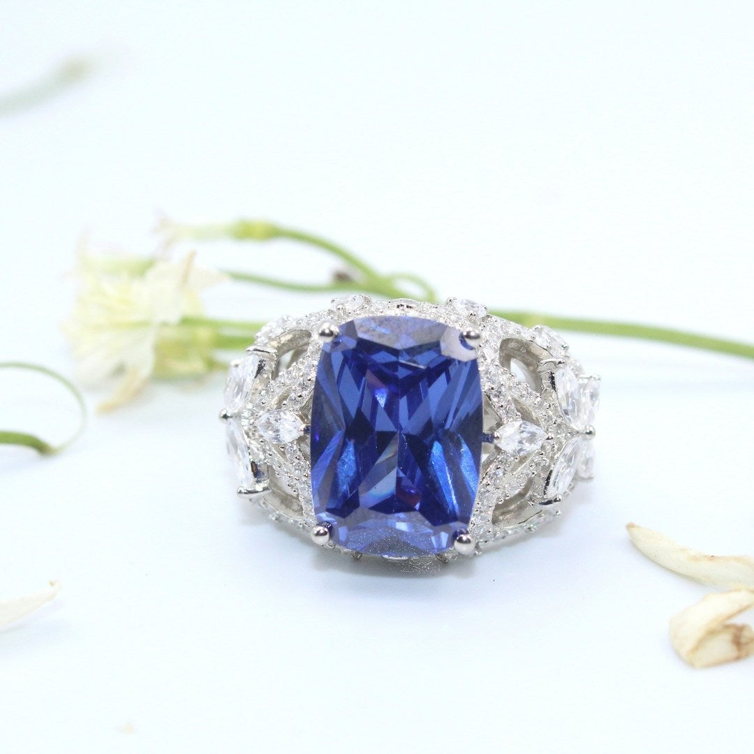 Blue Sapphire CZ Statement Ring: Sterling Silver Vintage Floral ( Size : US-7)