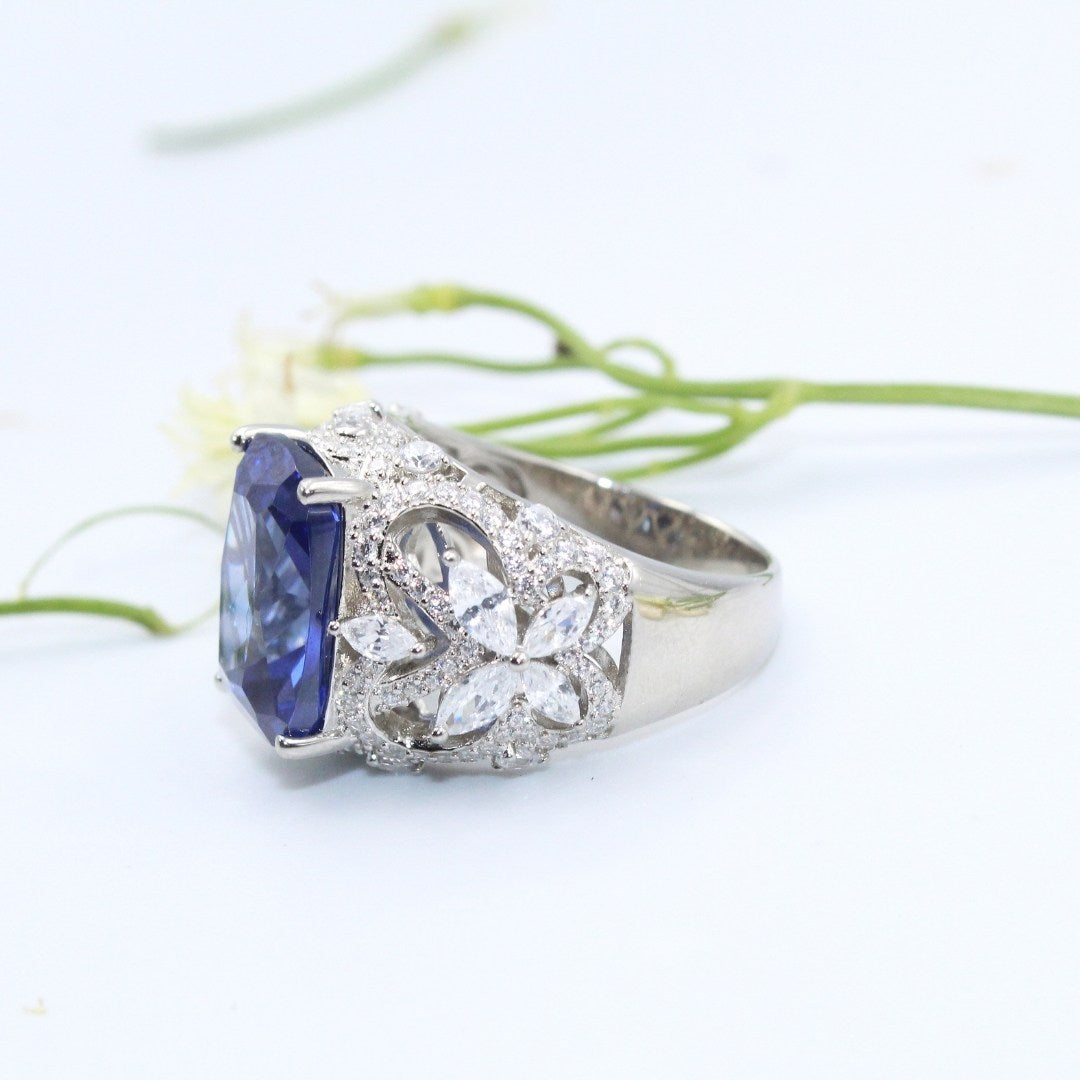 Blue Sapphire CZ Statement Ring: Sterling Silver Vintage Floral ( Size : US-7)