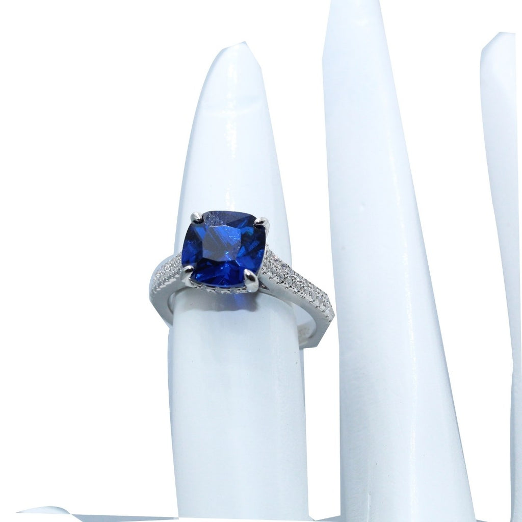 Cushion Cut Blue Sapphire Ring: Sterling Silver CZ Accent - September Birthstone (Size : US-7)