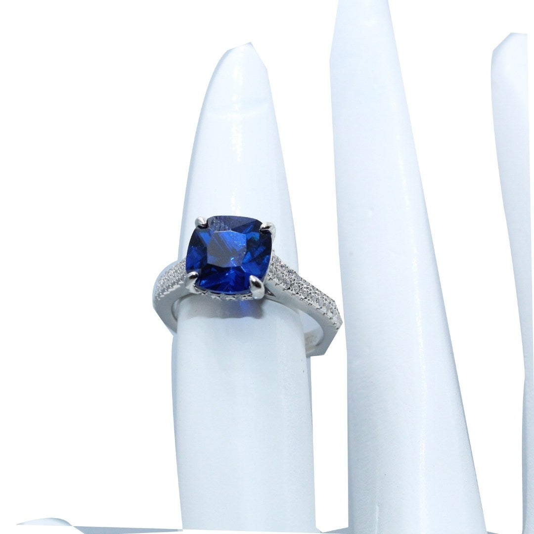 Cushion Cut Blue Sapphire Ring: Sterling Silver CZ Accent - September Birthstone (Size : US-7)