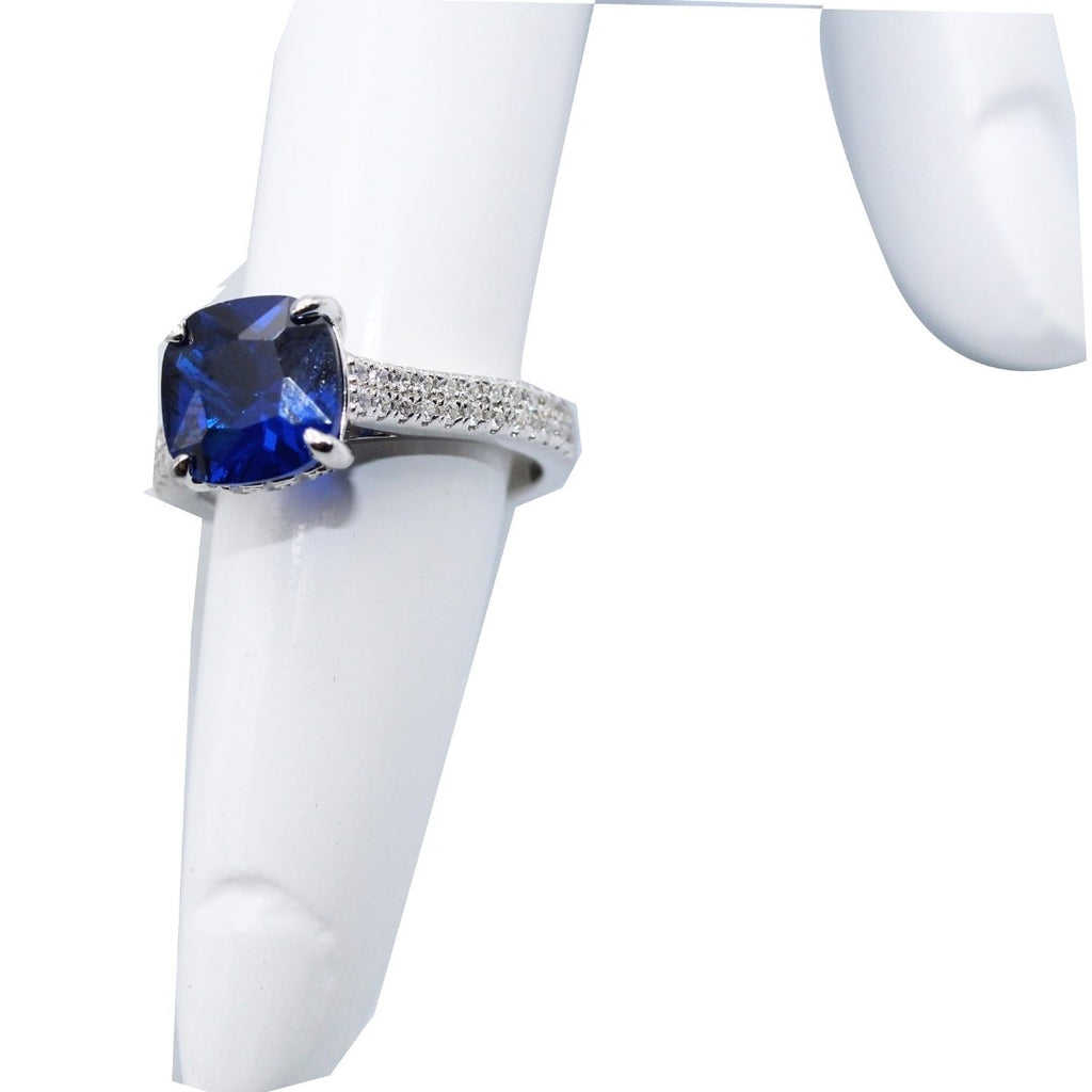 Cushion Cut Blue Sapphire Ring: Sterling Silver CZ Accent - September Birthstone (Size : US-7)