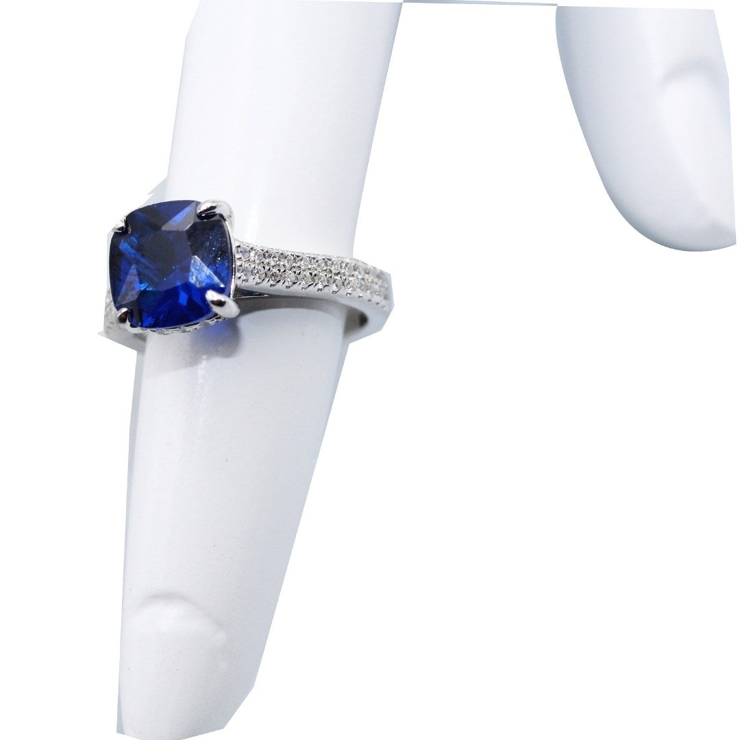 Cushion Cut Blue Sapphire Ring: Sterling Silver CZ Accent - September Birthstone (Size : US-7)