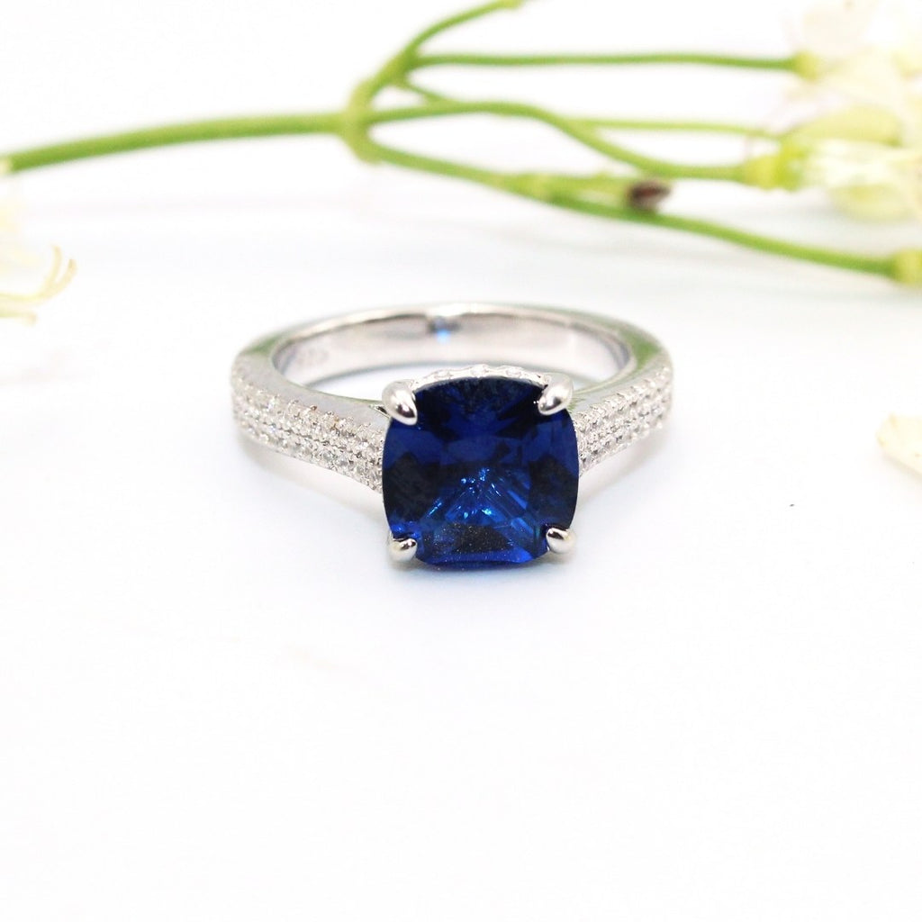 Cushion Cut Blue Sapphire Ring: Sterling Silver CZ Accent - September Birthstone (Size : US-7)