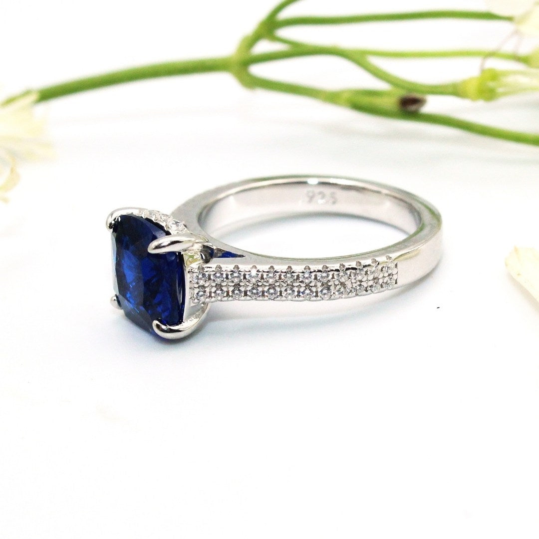 Cushion Cut Blue Sapphire Ring: Sterling Silver CZ Accent - September Birthstone (Size : US-7)