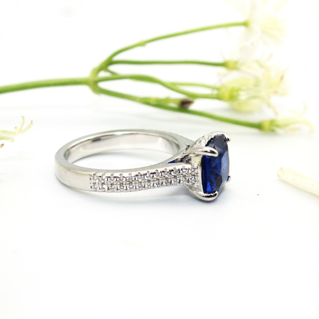 Cushion Cut Blue Sapphire Ring: Sterling Silver CZ Accent - September Birthstone (Size : US-7)