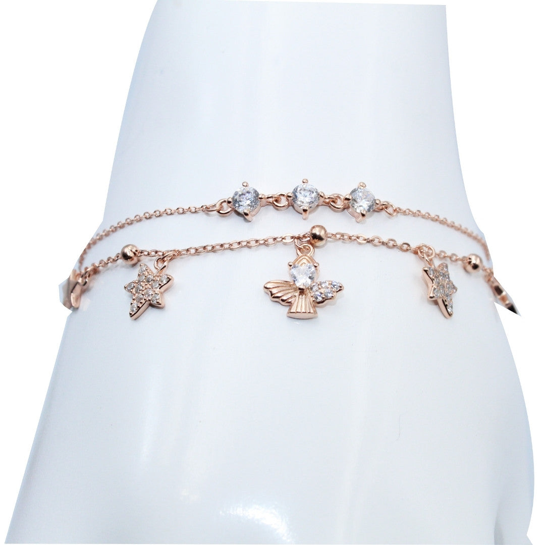 Fairy Star CZ Bracelet: Rose Gold Plated 925 Sterling Silver Double Chain