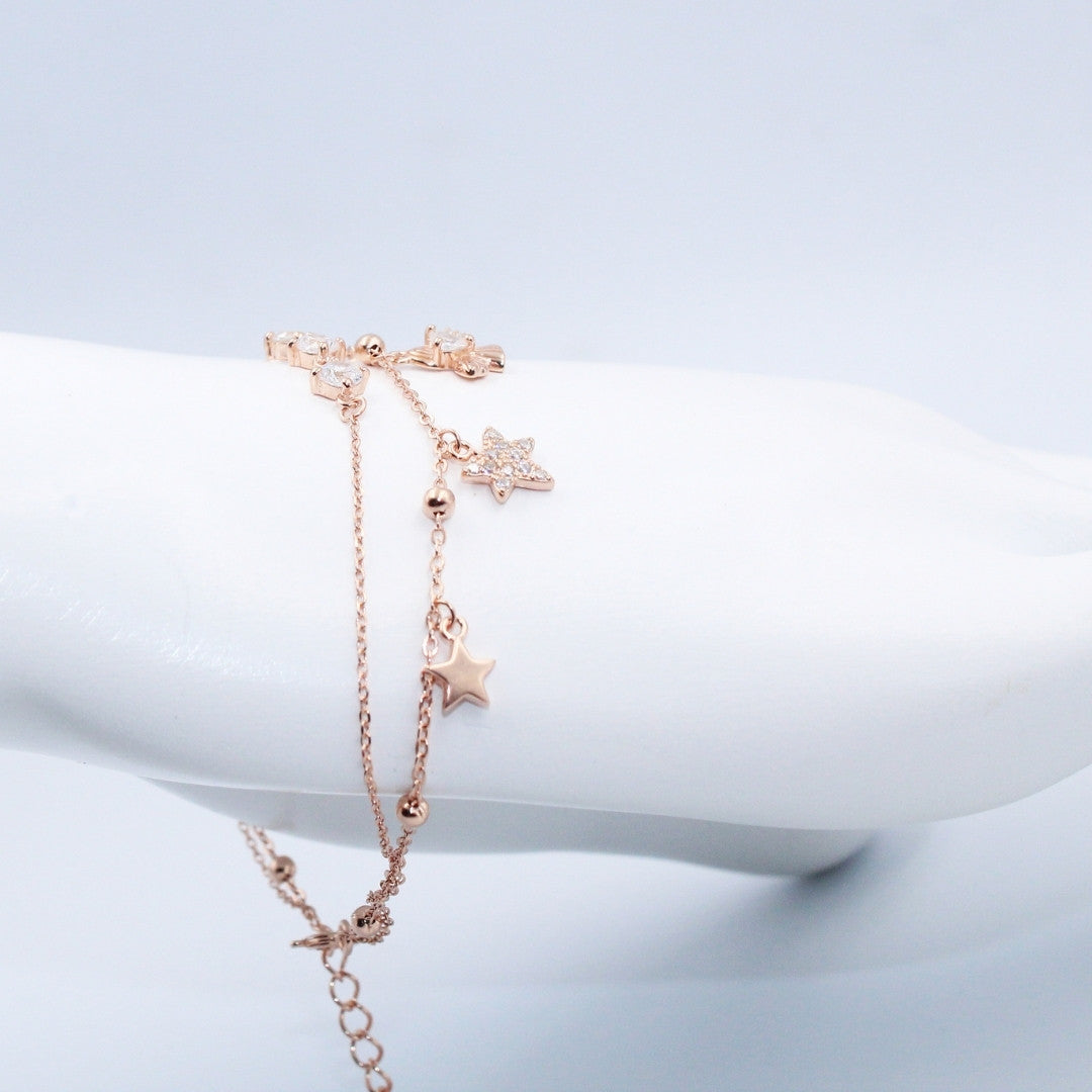 Fairy Star CZ Bracelet: Rose Gold Plated 925 Sterling Silver Double Chain
