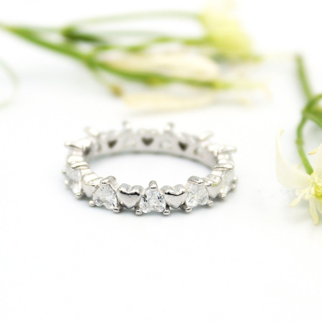 925 Sterling Silver Heart Eternity Band Ring: Crystal Promise Wedding Jewelry ( Size : US-7)