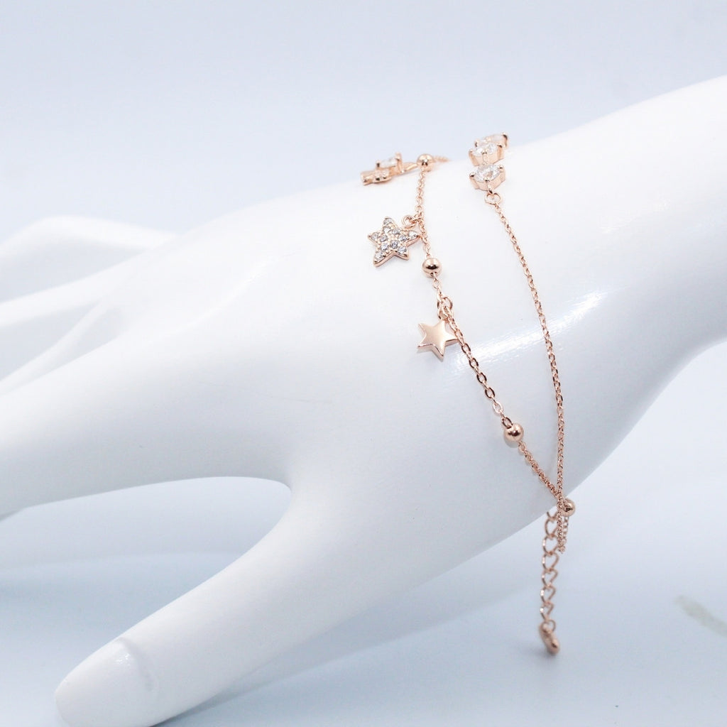 Fairy Star CZ Bracelet: Rose Gold Plated 925 Sterling Silver Double Chain