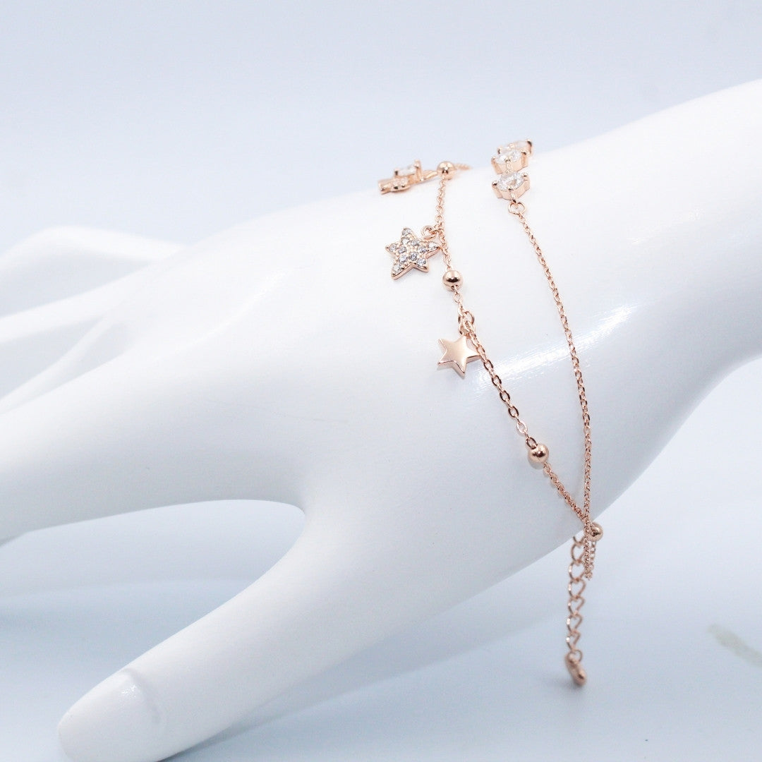 Fairy Star CZ Bracelet: Rose Gold Plated 925 Sterling Silver Double Chain