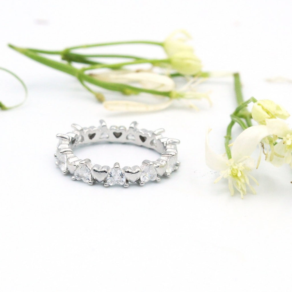 925 Sterling Silver Heart Eternity Band Ring: Crystal Promise Wedding Jewelry ( Size : US-7)
