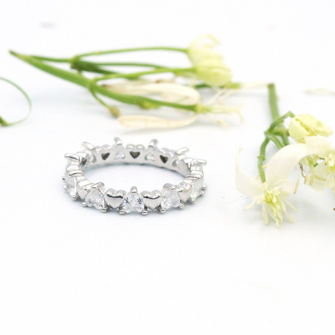 925 Sterling Silver Heart Eternity Band Ring: Crystal Promise Wedding Jewelry ( Size : US-7)