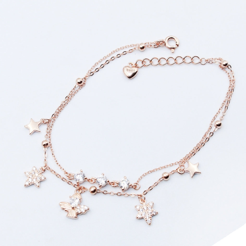 Fairy Star CZ Bracelet: Rose Gold Plated 925 Sterling Silver Double Chain