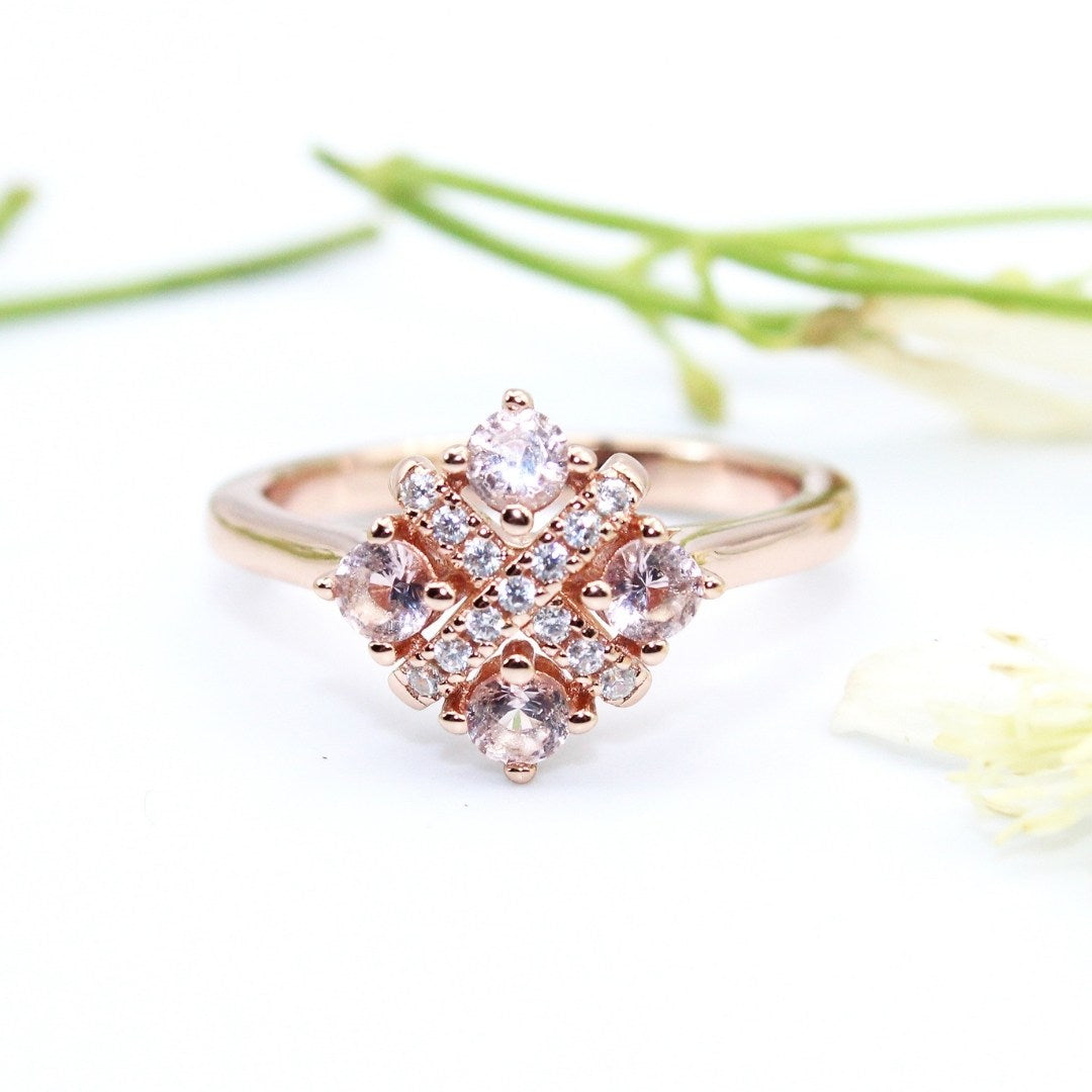 Rose Quartz Cluster Ring: 925 Sterling Silver Rose Gold Plated ( Size : US-6)