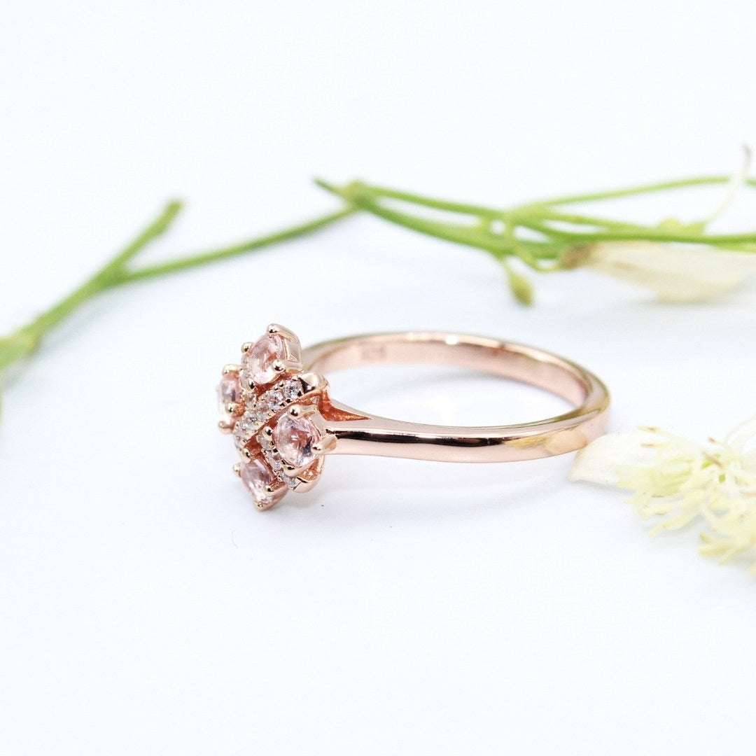 Rose Quartz Cluster Ring: 925 Sterling Silver Rose Gold Plated ( Size : US-6)