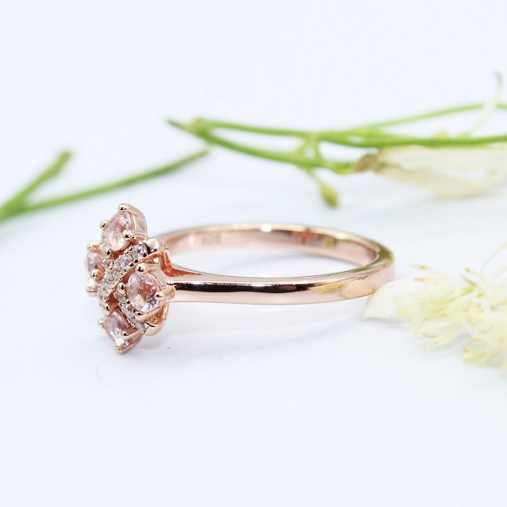 Rose Quartz Cluster Ring: 925 Sterling Silver Rose Gold Plated ( Size : US-6)