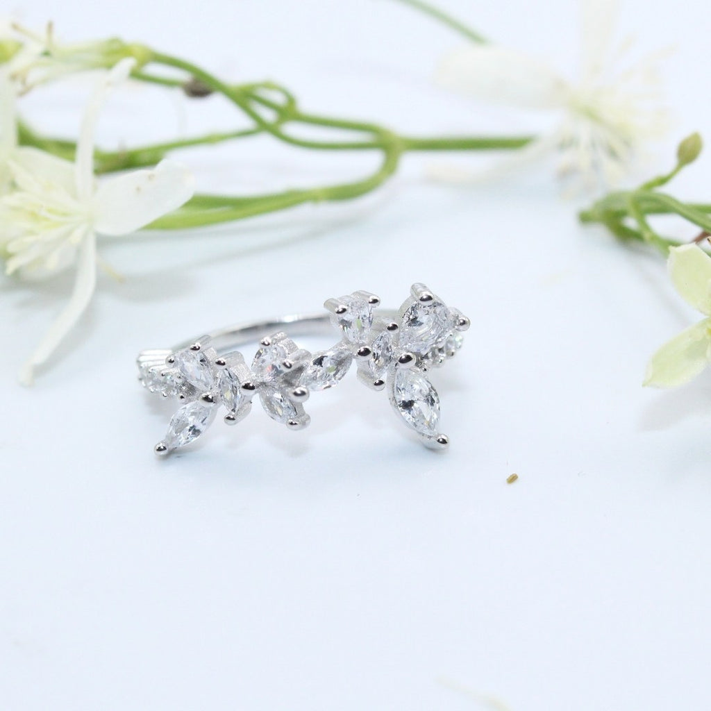 Cubic Zirconia Floral Ring: 925 Sterling Silver Leaf Design ( Size : US-5,6,7)