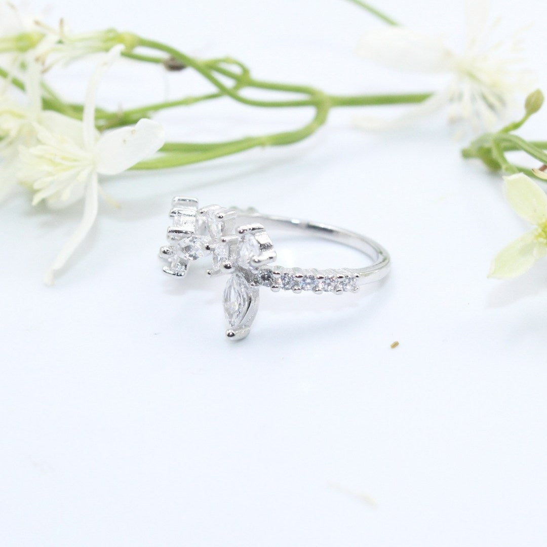 Cubic Zirconia Floral Ring: 925 Sterling Silver Leaf Design ( Size : US-5,6,7)