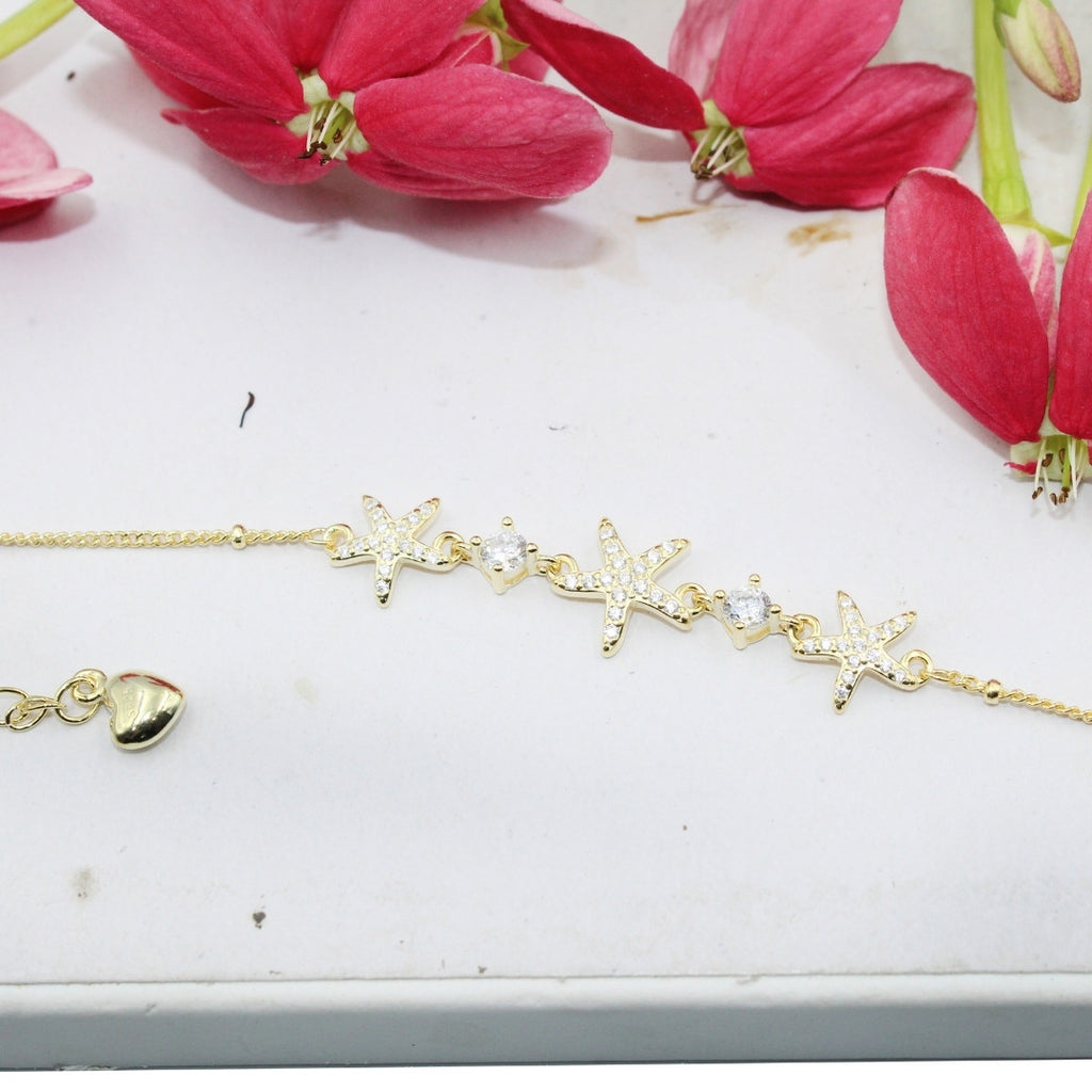 Gold Starfish Bracelet: 925 Sterling Silver CZ Ocean Beach Jewelry Adjustable Bracelet