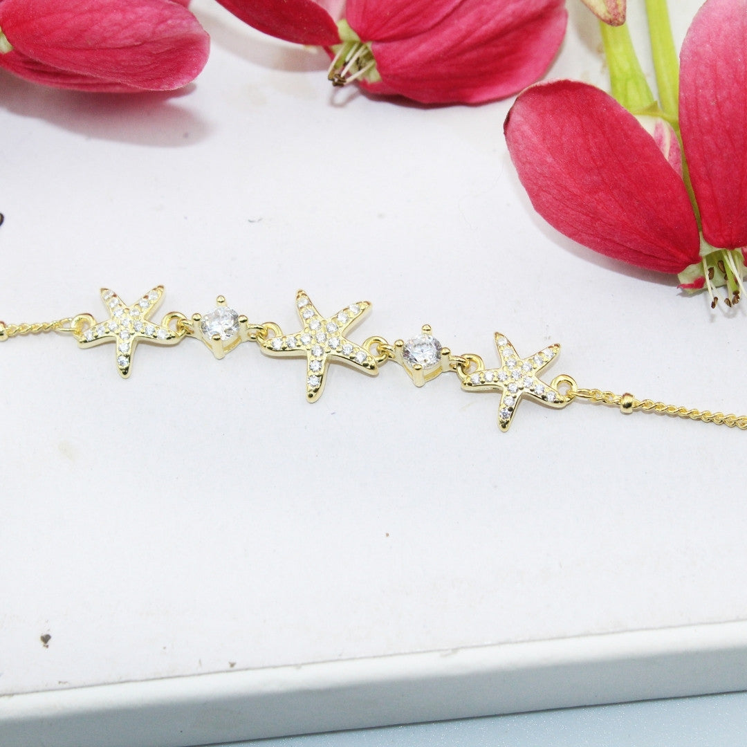 Gold Starfish Bracelet: 925 Sterling Silver CZ Ocean Beach Jewelry Adjustable Bracelet