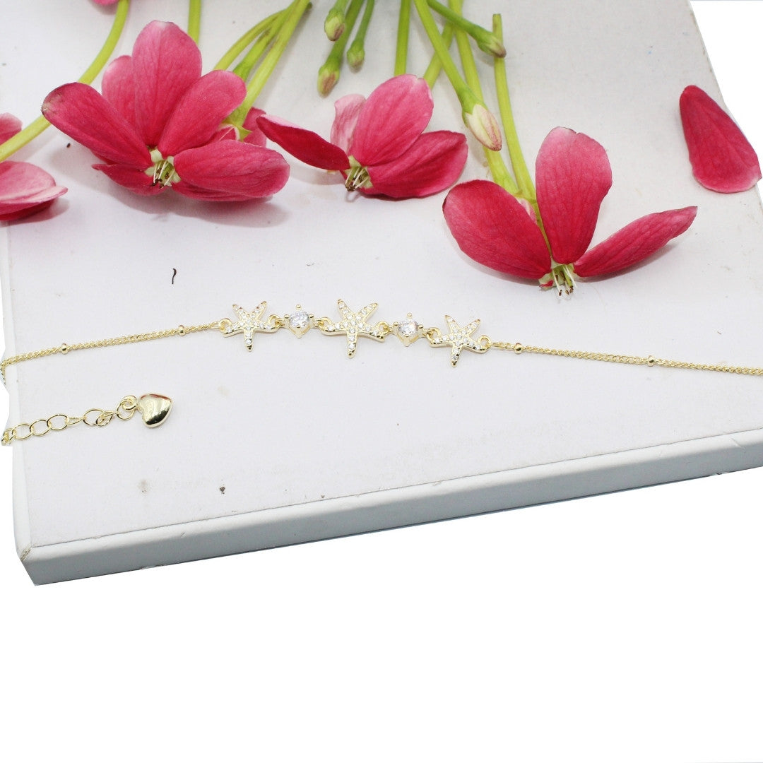 Gold Starfish Bracelet: 925 Sterling Silver CZ Ocean Beach Jewelry Adjustable Bracelet