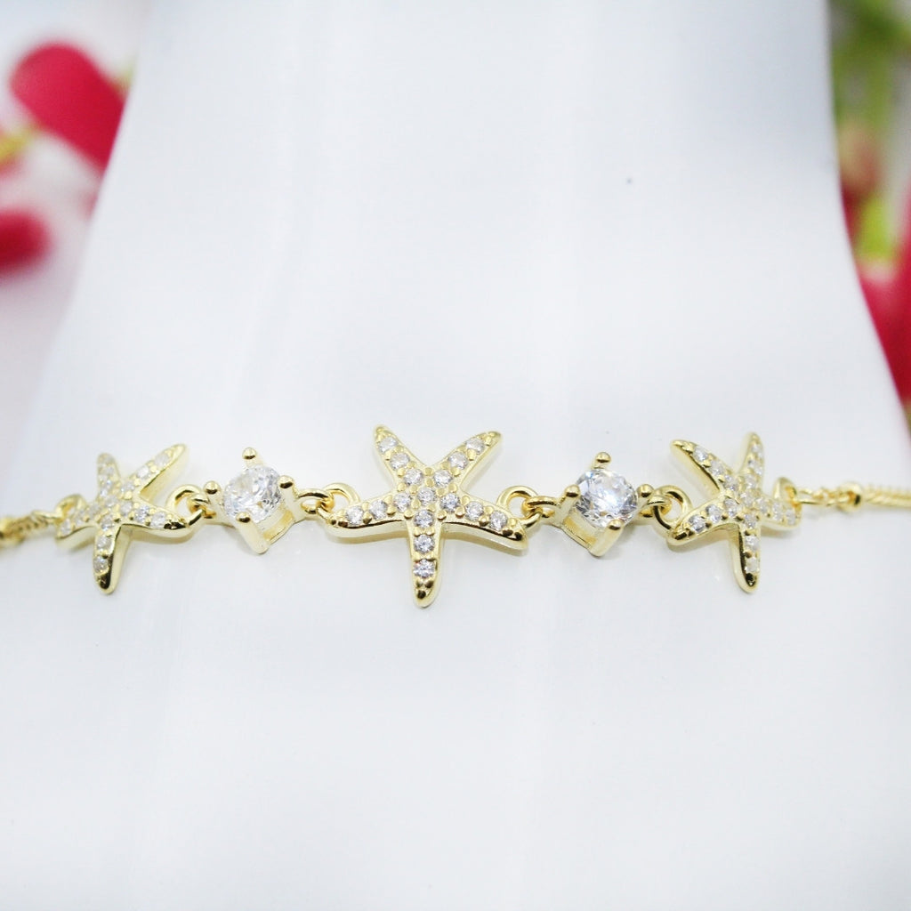 Gold Starfish Bracelet: 925 Sterling Silver CZ Ocean Beach Jewelry Adjustable Bracelet