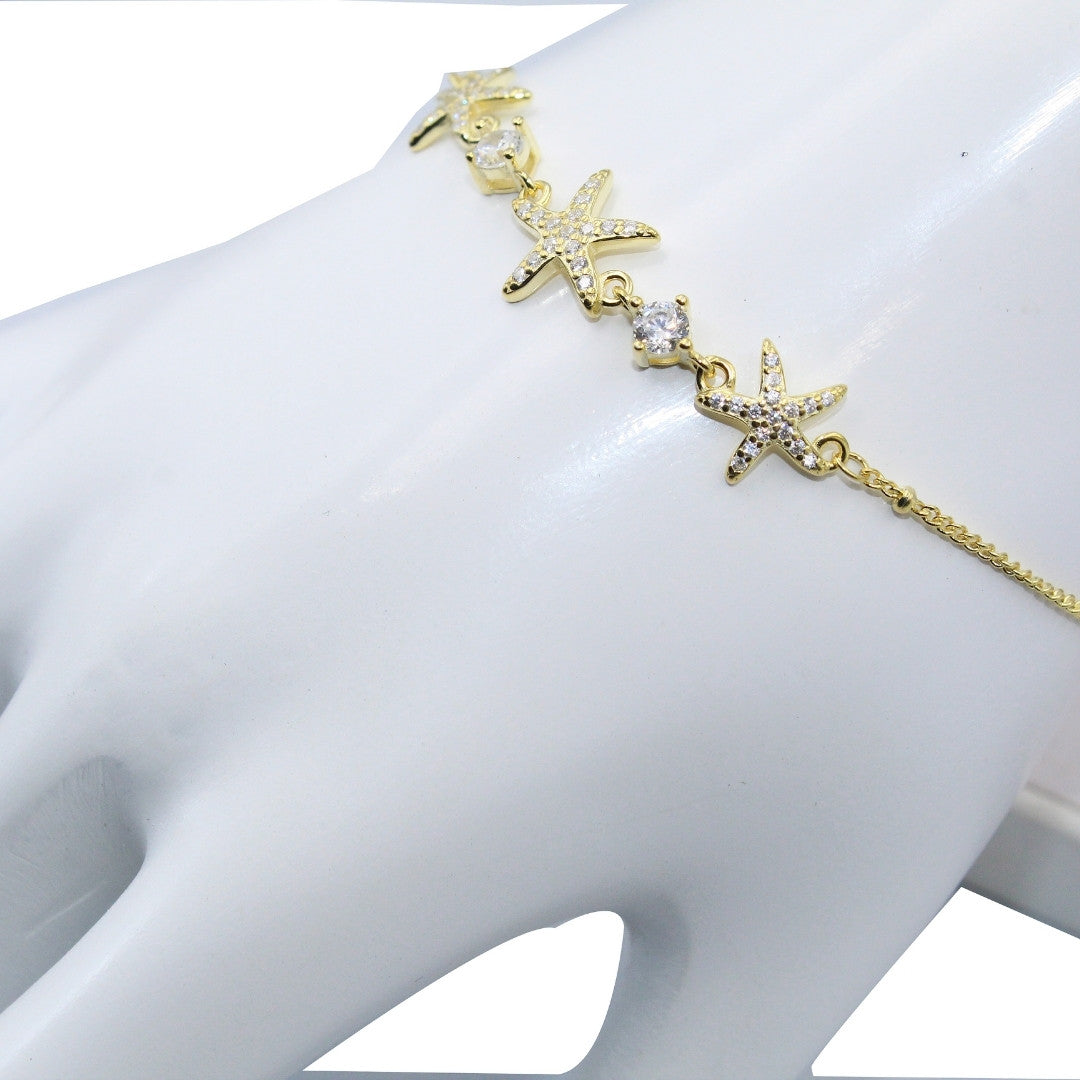 Gold Starfish Bracelet: 925 Sterling Silver CZ Ocean Beach Jewelry Adjustable Bracelet