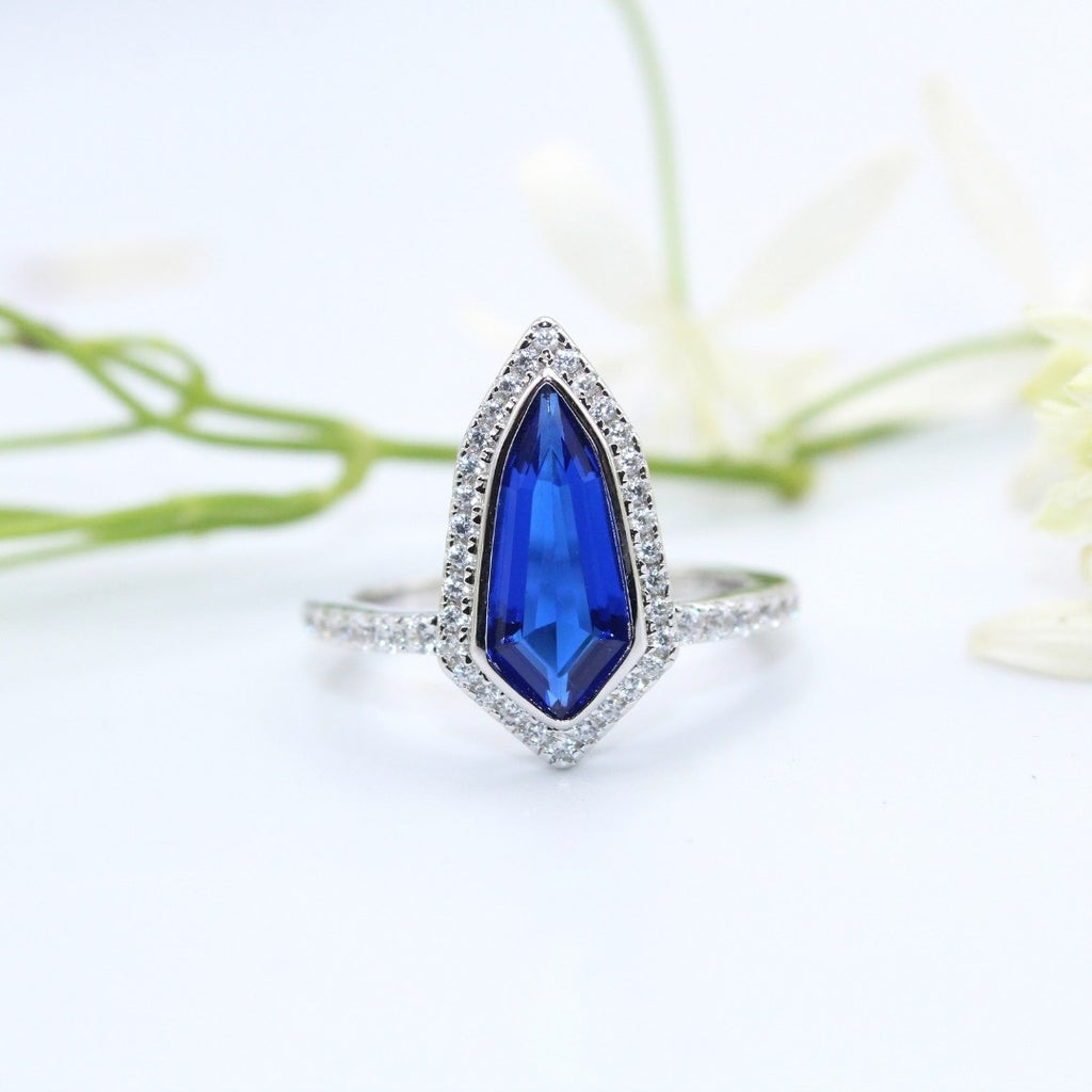 Kite Blue Sapphire Ring 925 Sterling Silver Halo, CZ Accents
