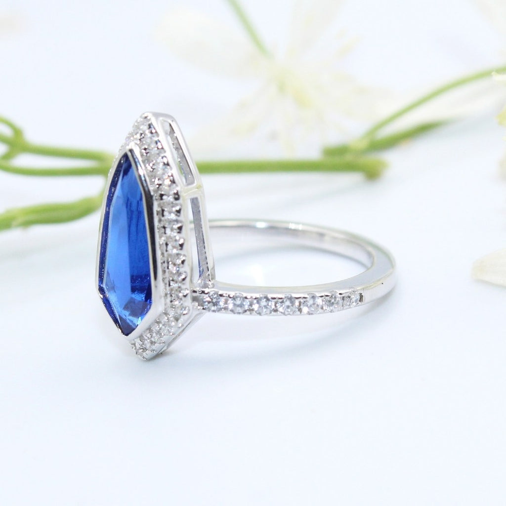 Kite Blue Sapphire Ring 925 Sterling Silver Halo, CZ Accents