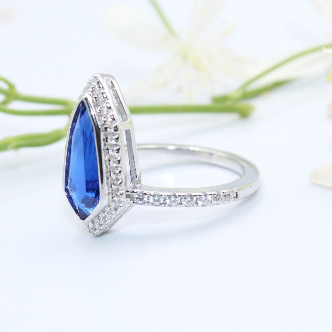Kite Blue Sapphire Ring 925 Sterling Silver Halo, CZ Accents