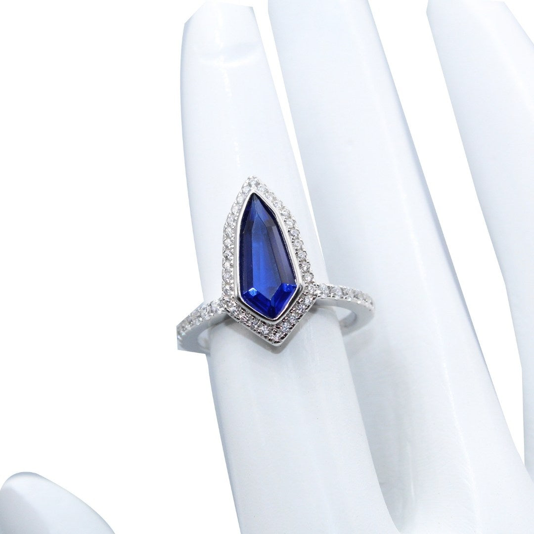 Kite Blue Sapphire Ring 925 Sterling Silver Halo, CZ Accents