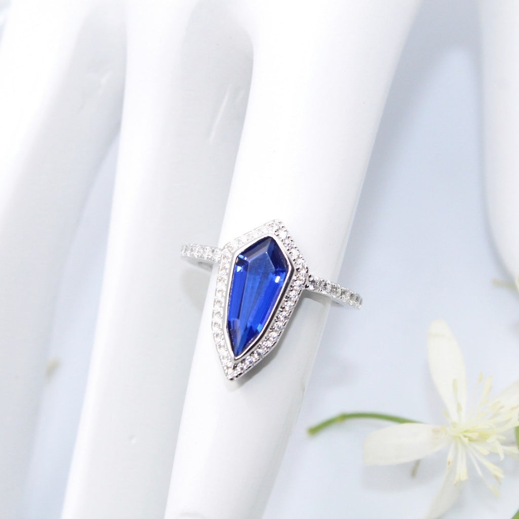Kite Blue Sapphire Ring 925 Sterling Silver Halo, CZ Accents