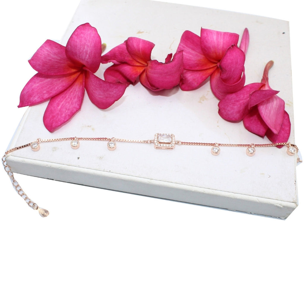 Rose Gold CZ Bracelet: 925 Sterling Silver, Adjustable Crystal Chain