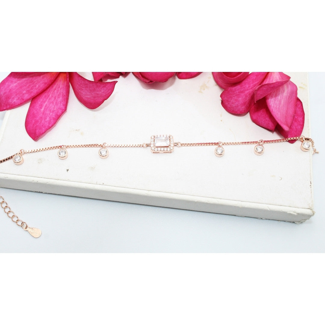 Rose Gold CZ Bracelet: 925 Sterling Silver, Adjustable Crystal Chain