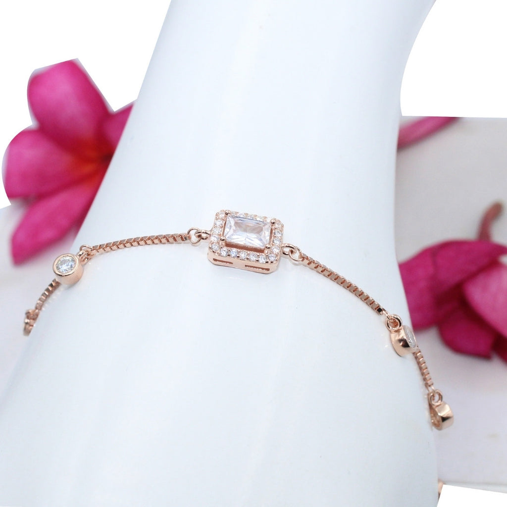 Rose Gold CZ Bracelet: 925 Sterling Silver, Adjustable Crystal Chain