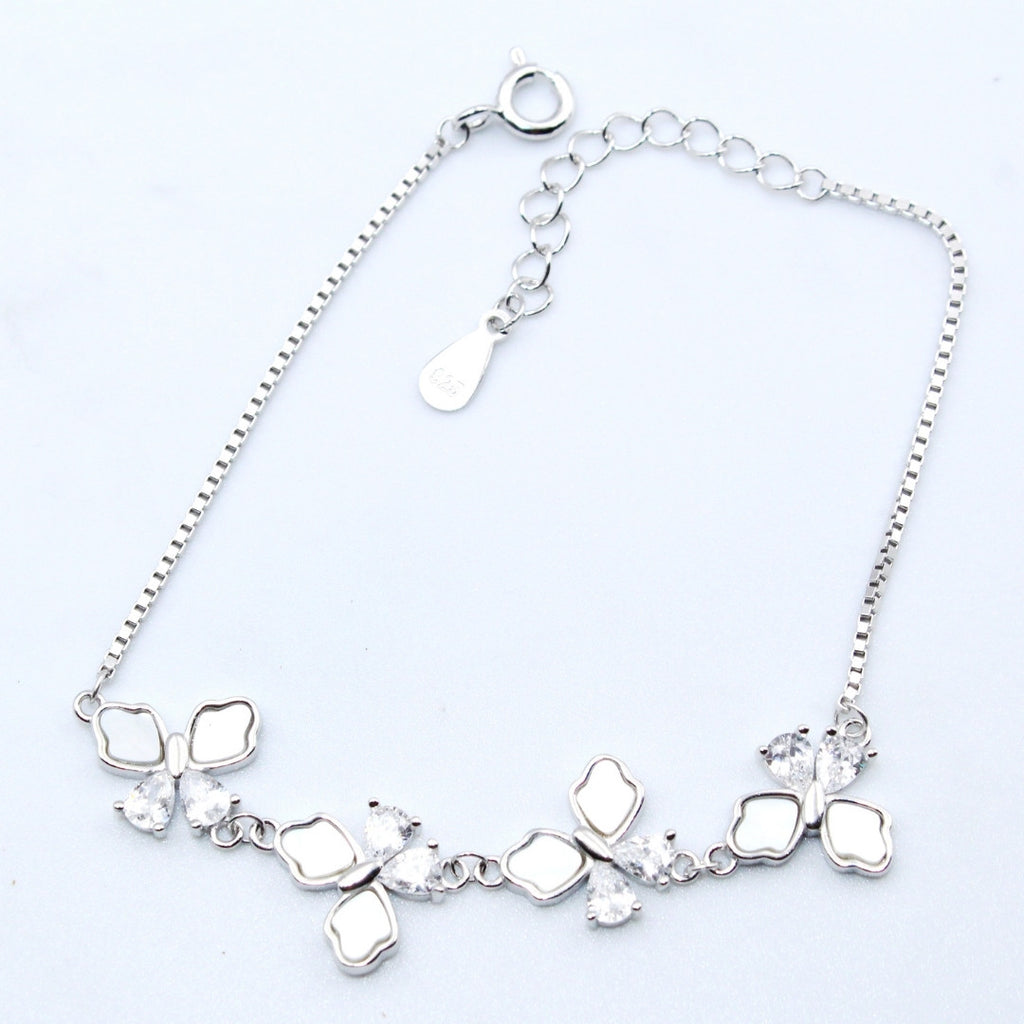 925 Sterling Silver Butterfly Bracelet: Mother of Pearl & Crystal Accents