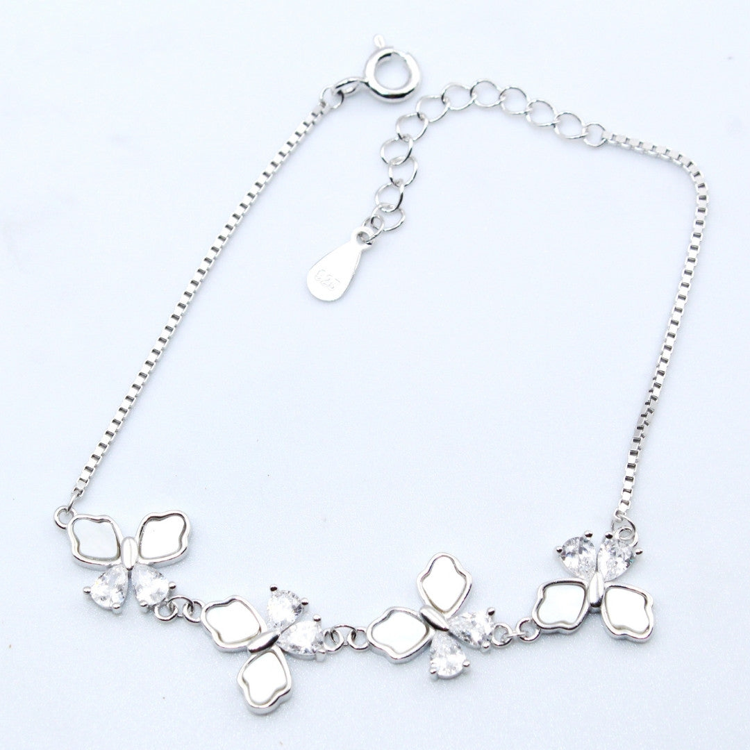925 Sterling Silver Butterfly Bracelet: Mother of Pearl & Crystal Accents