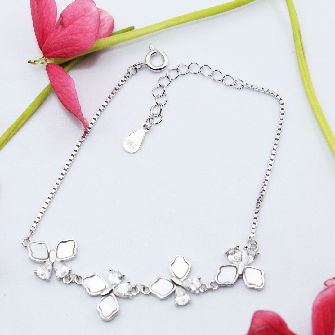 925 Sterling Silver Butterfly Bracelet: Mother of Pearl & Crystal Accents