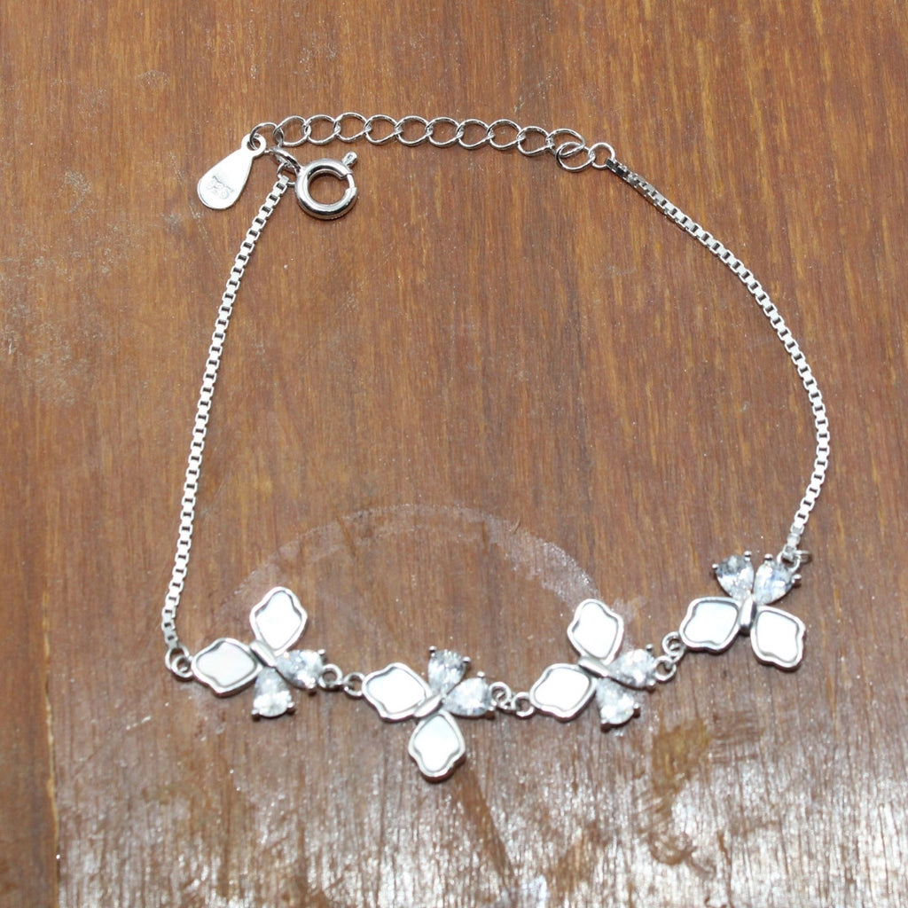 925 Sterling Silver Butterfly Bracelet: Mother of Pearl & Crystal Accents
