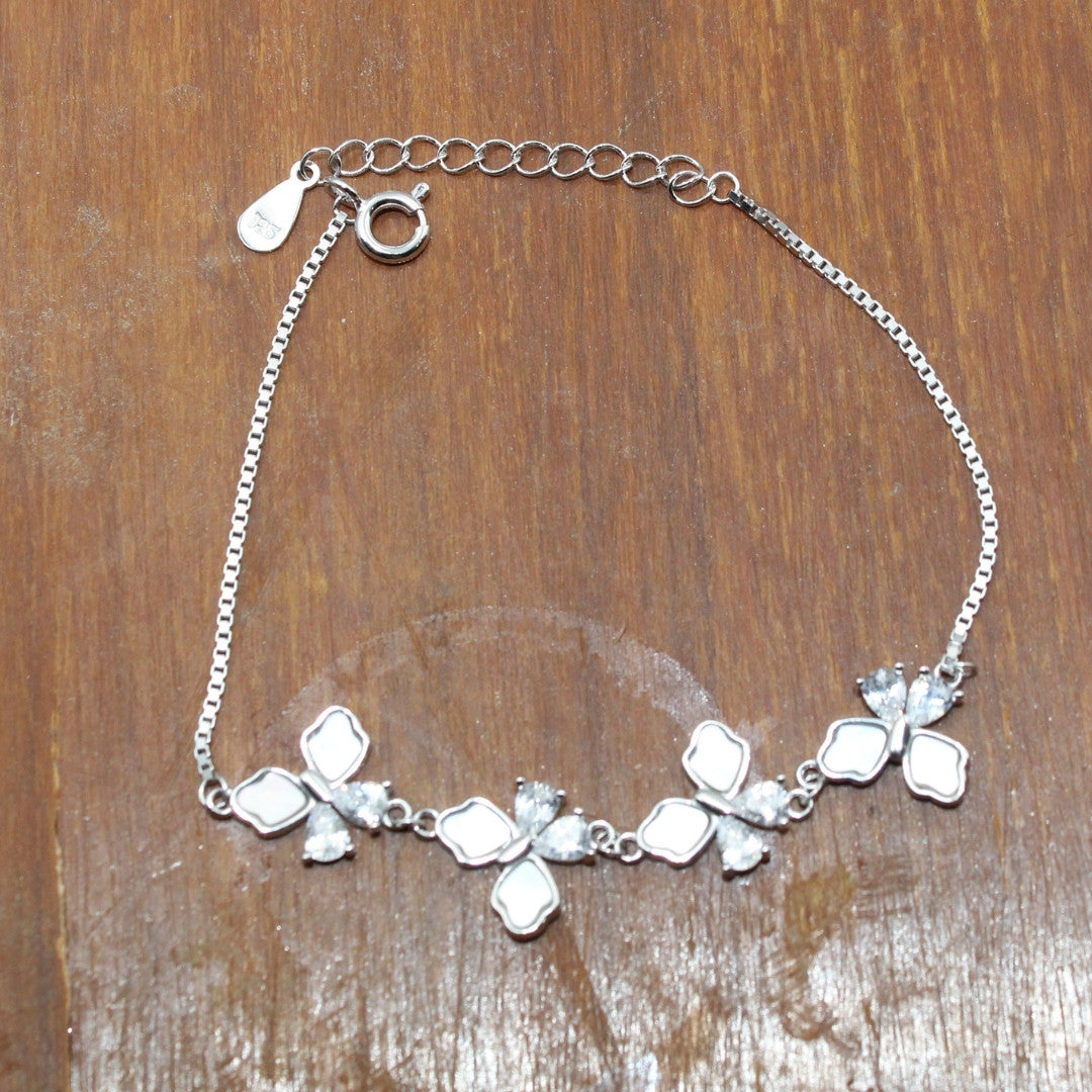 925 Sterling Silver Butterfly Bracelet: Mother of Pearl & Crystal Accents