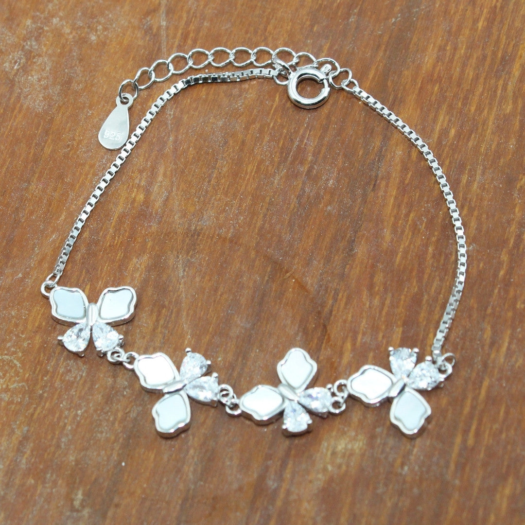 925 Sterling Silver Butterfly Bracelet: Mother of Pearl & Crystal Accents