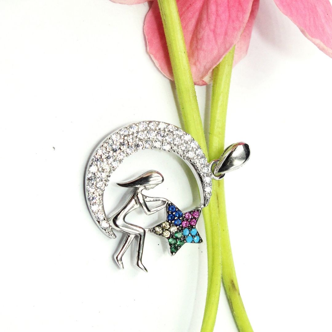 925 Sterling Silver Moon & Star Pendant: Celestial Boho Pendant