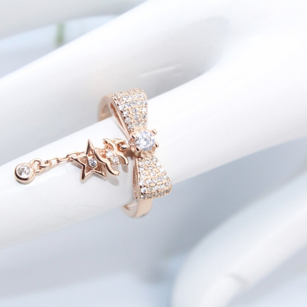 Rose Gold Bow Knot Ring: Sterling Silver Star Charm, Cubic Zirconia ( Size : US-7)