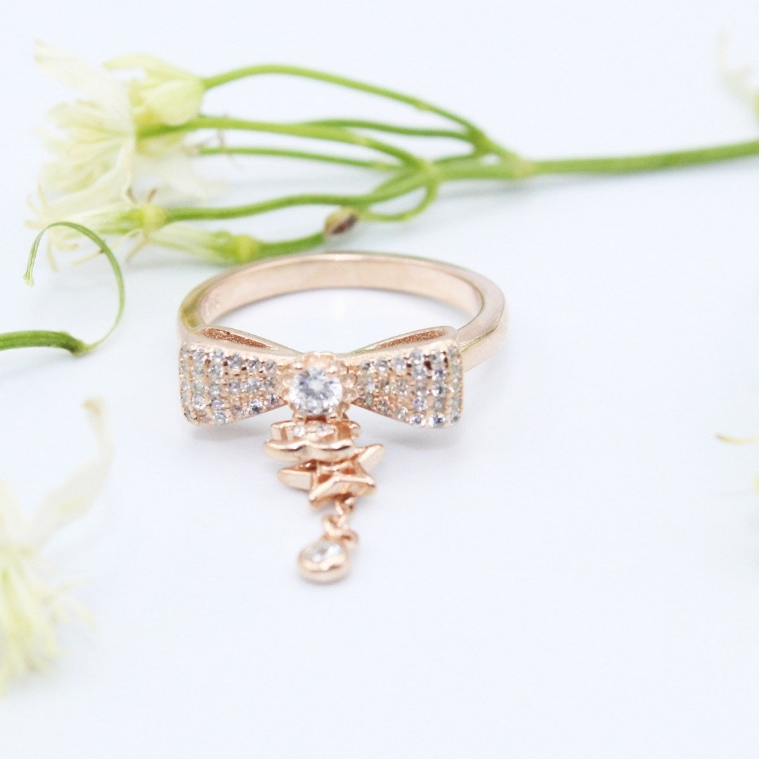 Rose Gold Bow Knot Ring: Sterling Silver Star Charm, Cubic Zirconia ( Size : US-7)