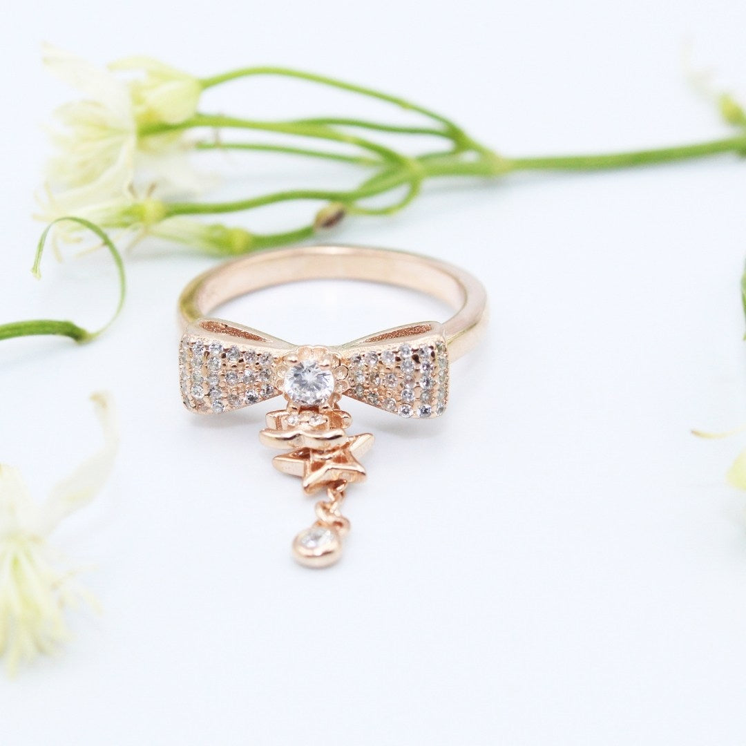 Rose Gold Bow Knot Ring: Sterling Silver Star Charm, Cubic Zirconia ( Size : US-7)