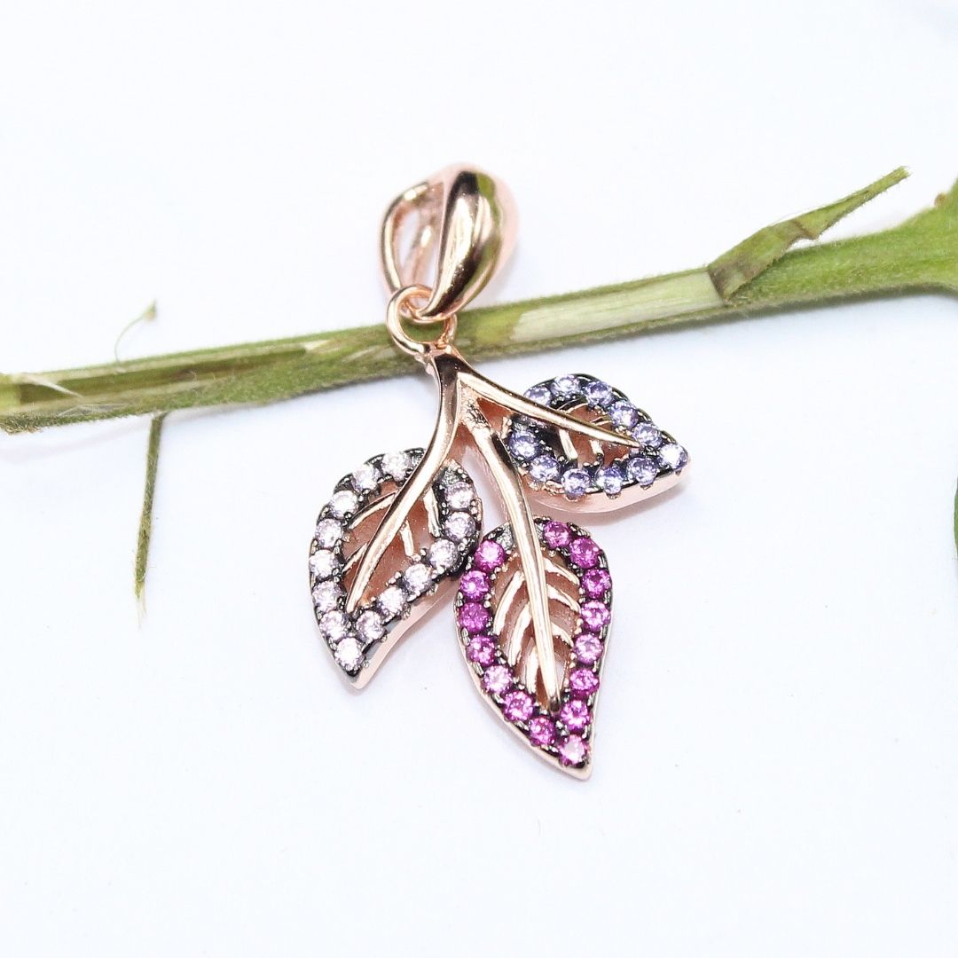 Multicolor Gemstone Leaf Pendant: 925 Sterling Silver Rose Gold plated