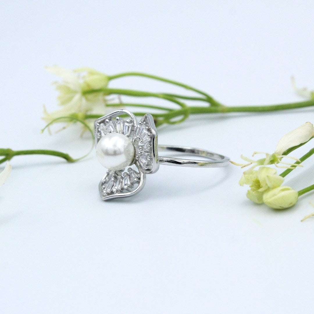 Natural Floral Pearl Ring: Rose Gold 925 Sterling Silver Cocktail Ring (size : US-6)