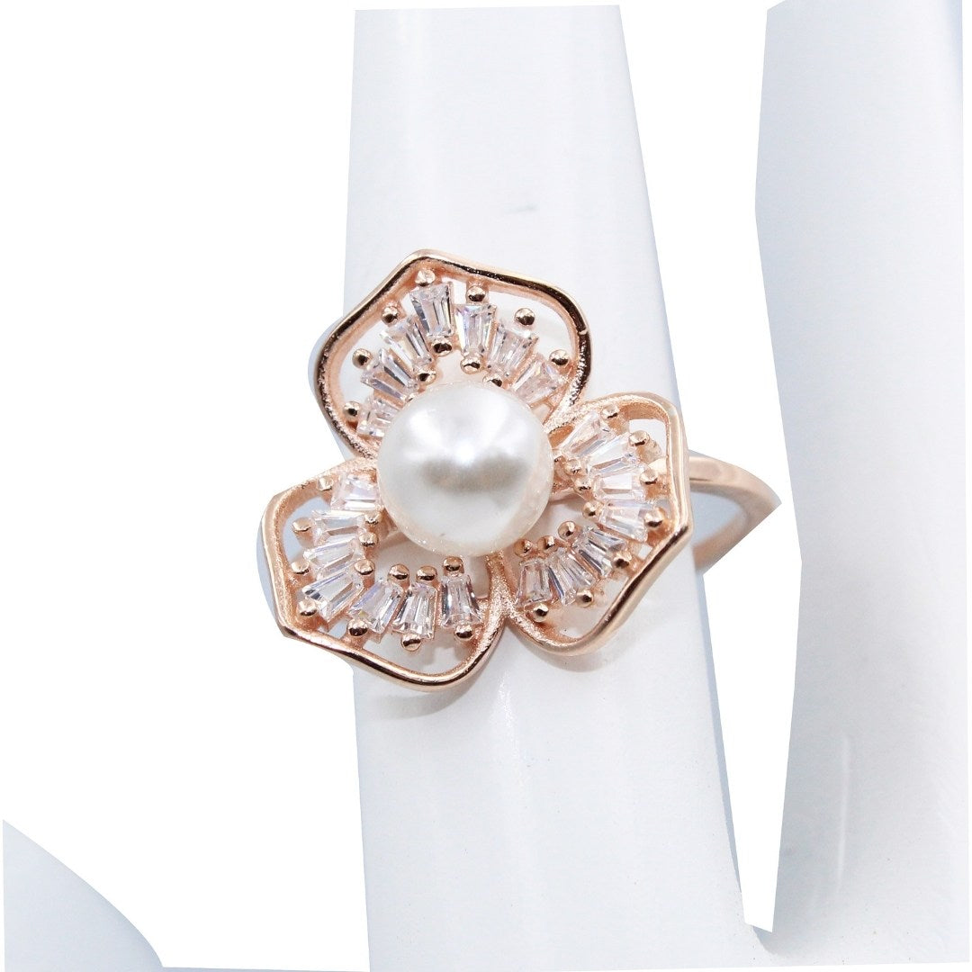 Rose Gold Plated 925 Sterling Silver Pearl Ring: Floral Cocktail Jewelry ( Size : US-7)