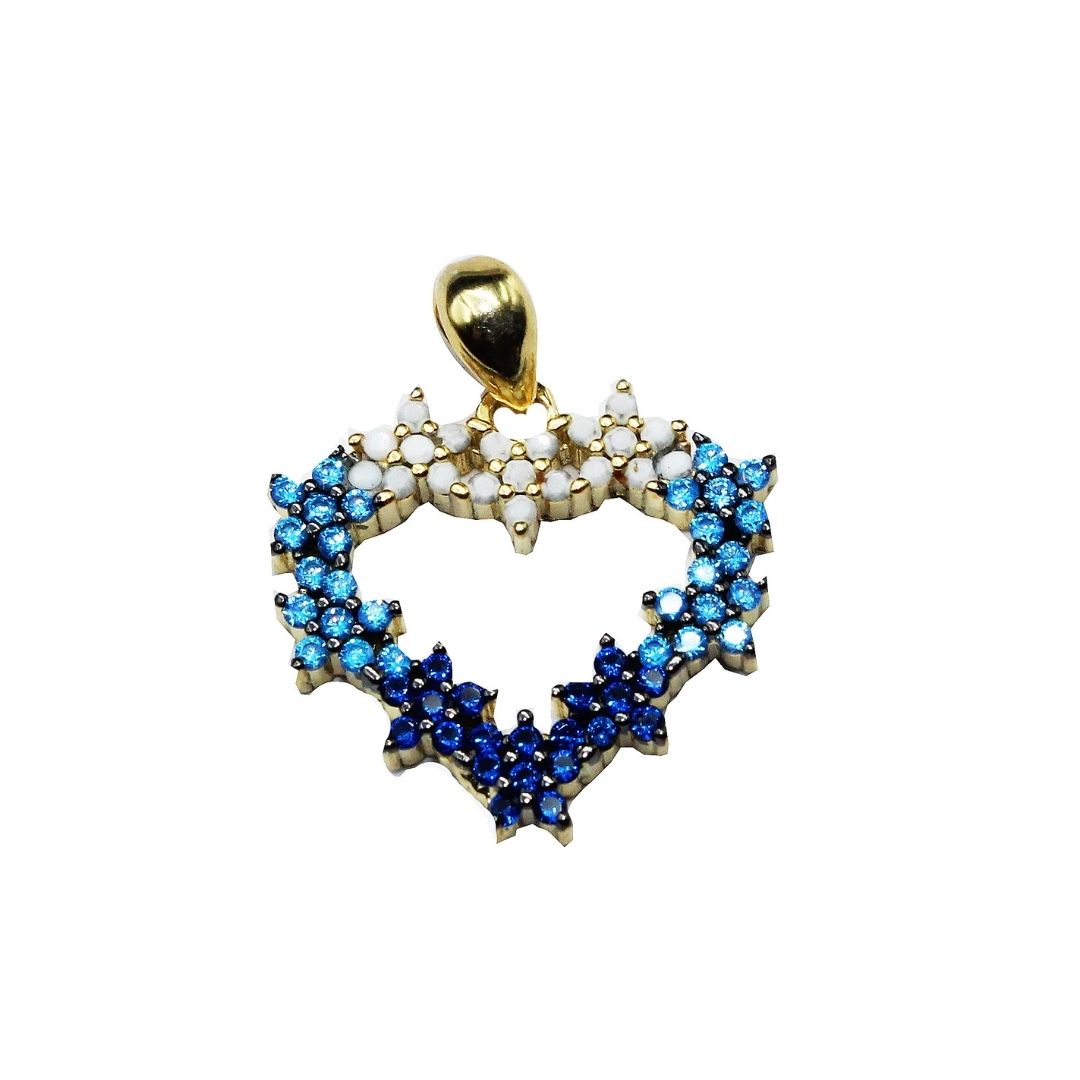 Gold Plated 925 Sterling Silver Flower Heart Pendant Necklace: Topaz & Sapphire