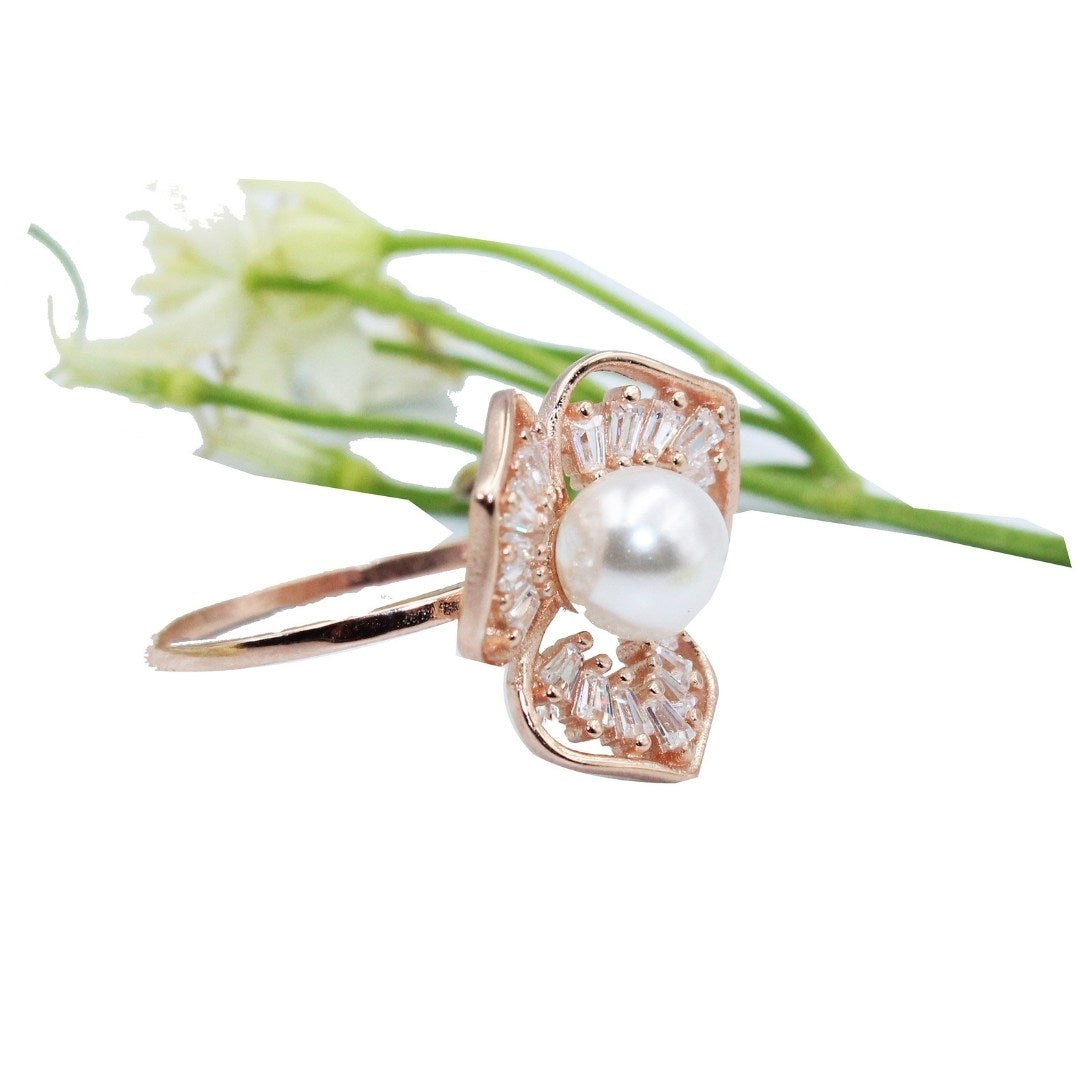 Rose Gold Plated 925 Sterling Silver Pearl Ring: Floral Cocktail Jewelry ( Size : US-7)